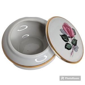 Vnt. Genuine Bavaria Porcelain Western Germany Trinket Box Rose Top & Gold Trim